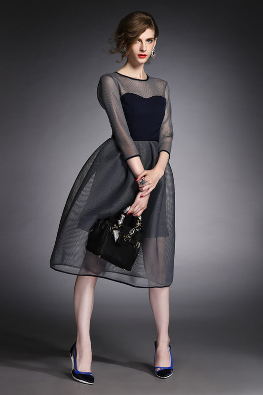 Sheer Mesh Patch Bubble Full Dress