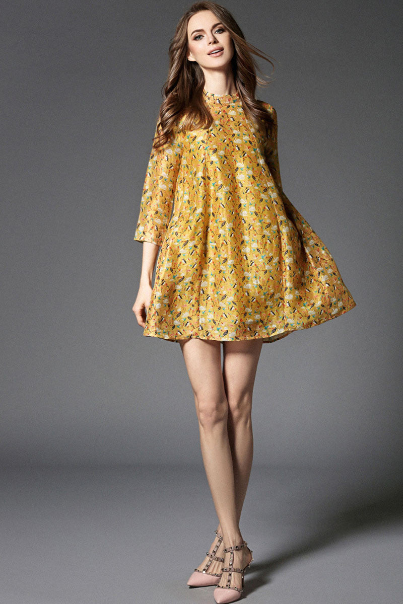LOOSE CASUAL STAND COLLAR PRINT AND FLORAL 3/4 SLEEVE VACATION SHORT DRESS