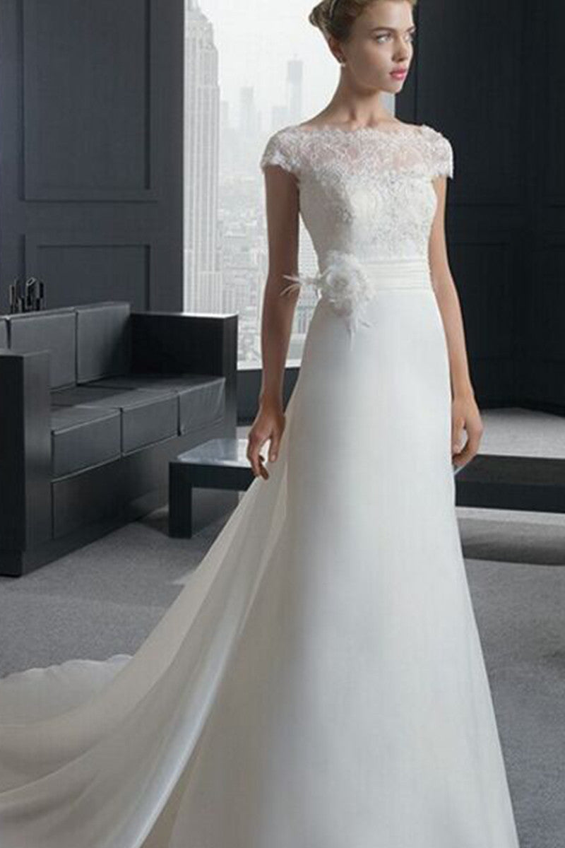 Boat Neck Lace Applique Backless Empire Waist Gown Long Dress