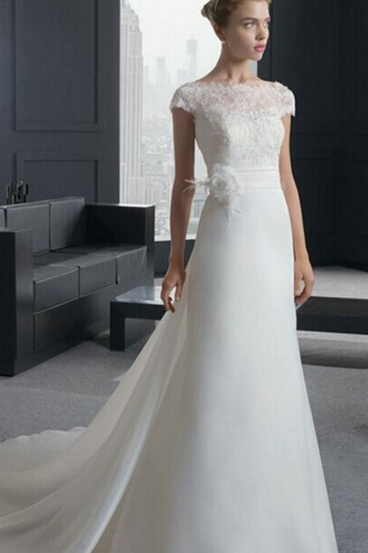 Boat Neck Lace Applique Backless Empire Waist Gown Long Dress