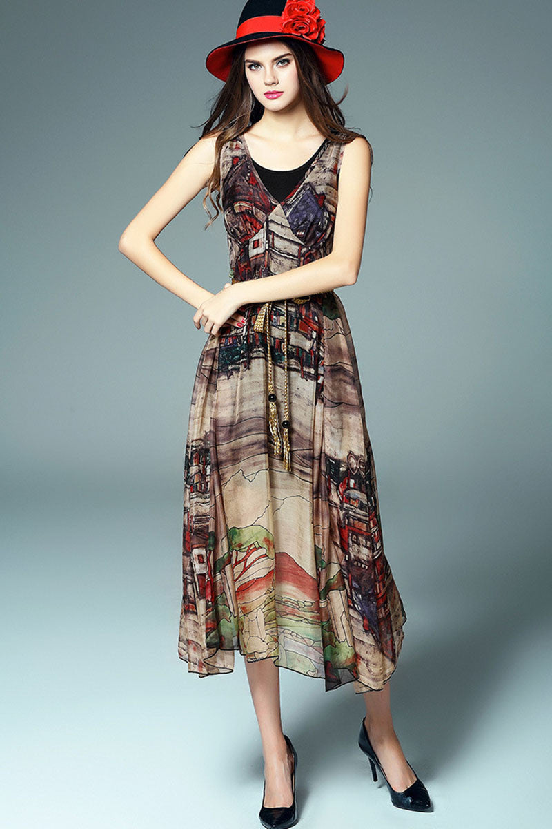 Round Collar Ink Wash Paiting Style Maxi Dress