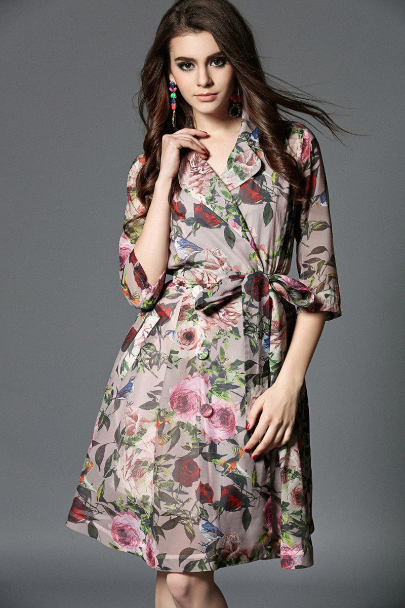 Peter Pan Collar Half-Sleeve Floral Lacing Waist Women Mini Dress
