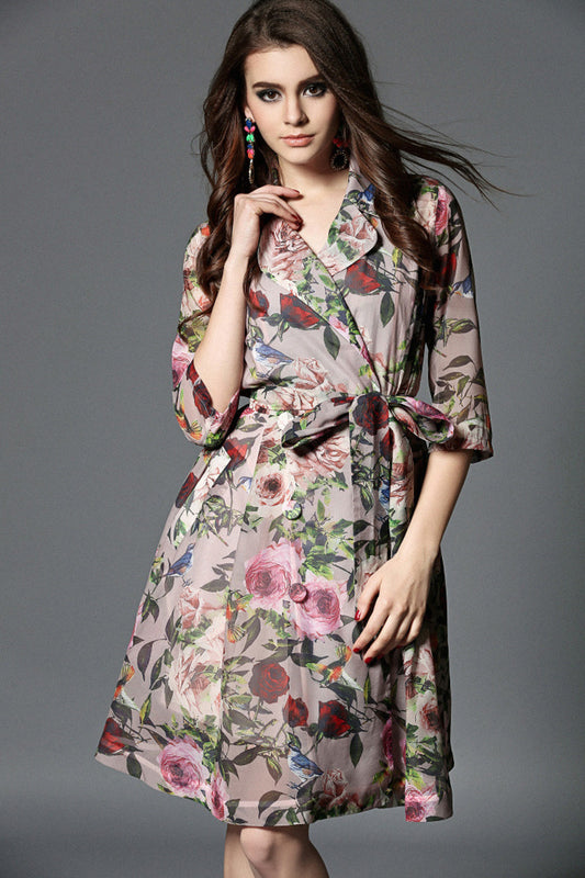 Peter Pan Collar Half-Sleeve Floral Lacing Waist Women Mini Dress