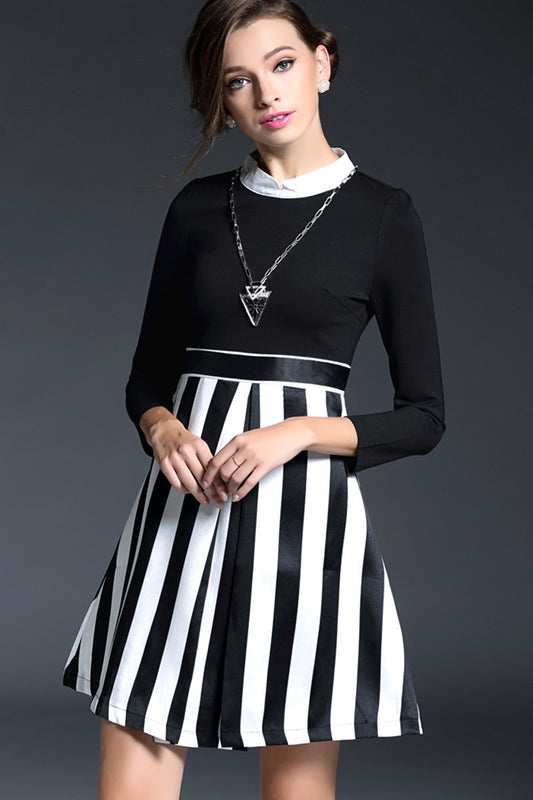 slim stand collar casual wear to work vertical stripe mini dress