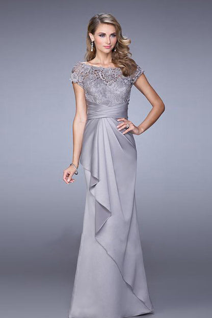 Boat Neck Hollow-Out Lace Irregular Flare Ruched Empire Waist Evening Dress