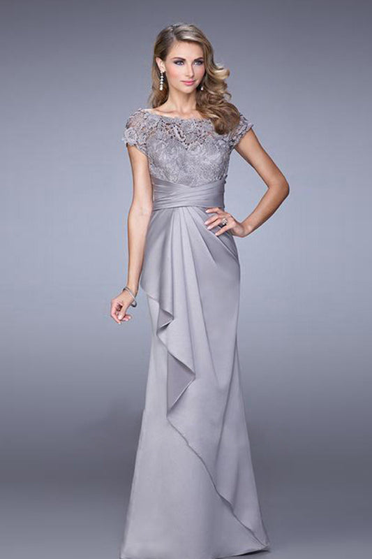 Boat Neck Hollow-Out Lace Irregular Flare Ruched Empire Waist Evening Dress