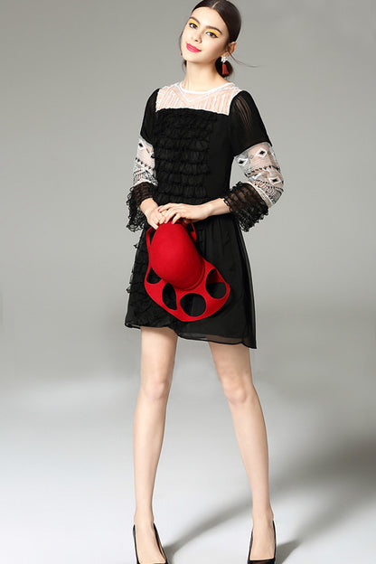 WOMEN'S ELEGANT ROUND NECK LACE SLEEVE SHORT DRESS