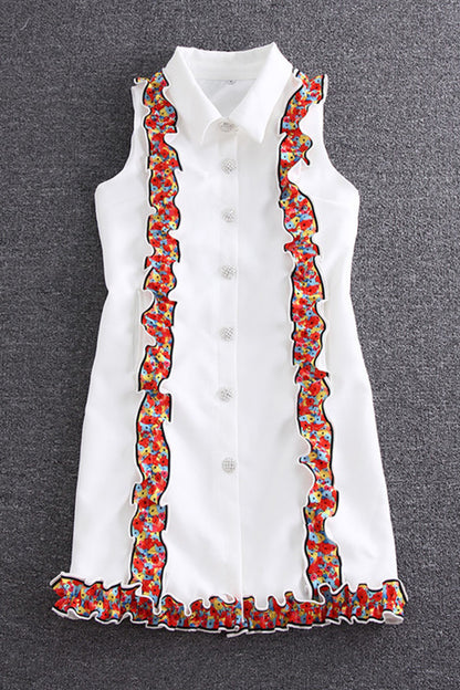 White sleeveless printed edge single-breasted dress