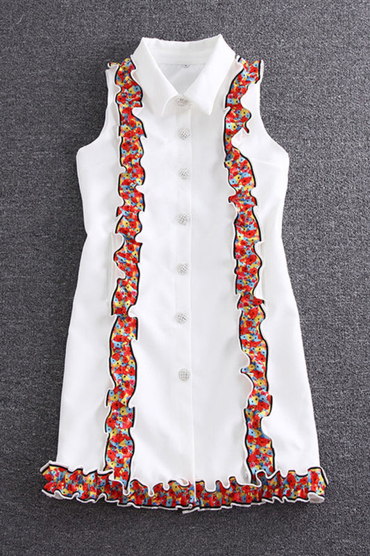 White sleeveless printed edge single-breasted dress