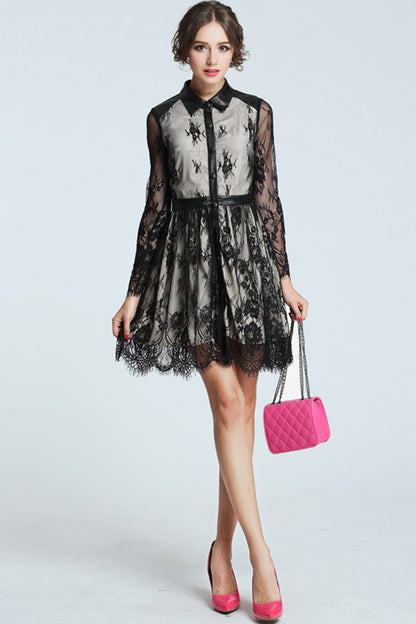 PU Lapel Neck Lace Patch Wavy Hemline Slim  Dress