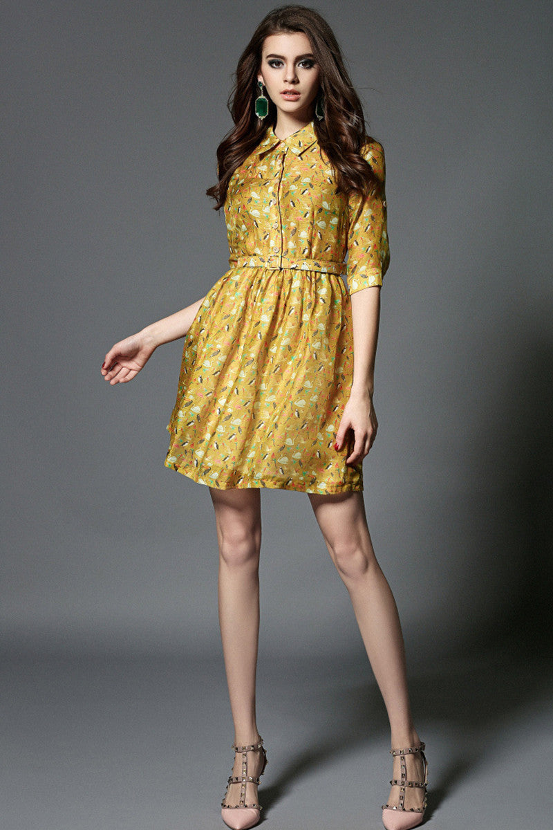 Lapel Neck Birds Print Pleat Dress With Belt