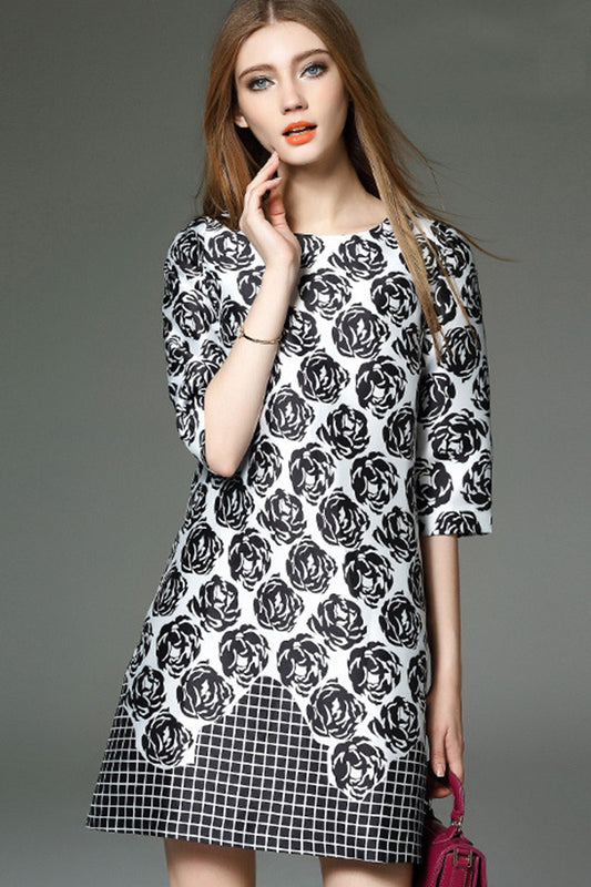 Half Sleeve Rose Pattern Shift Dress