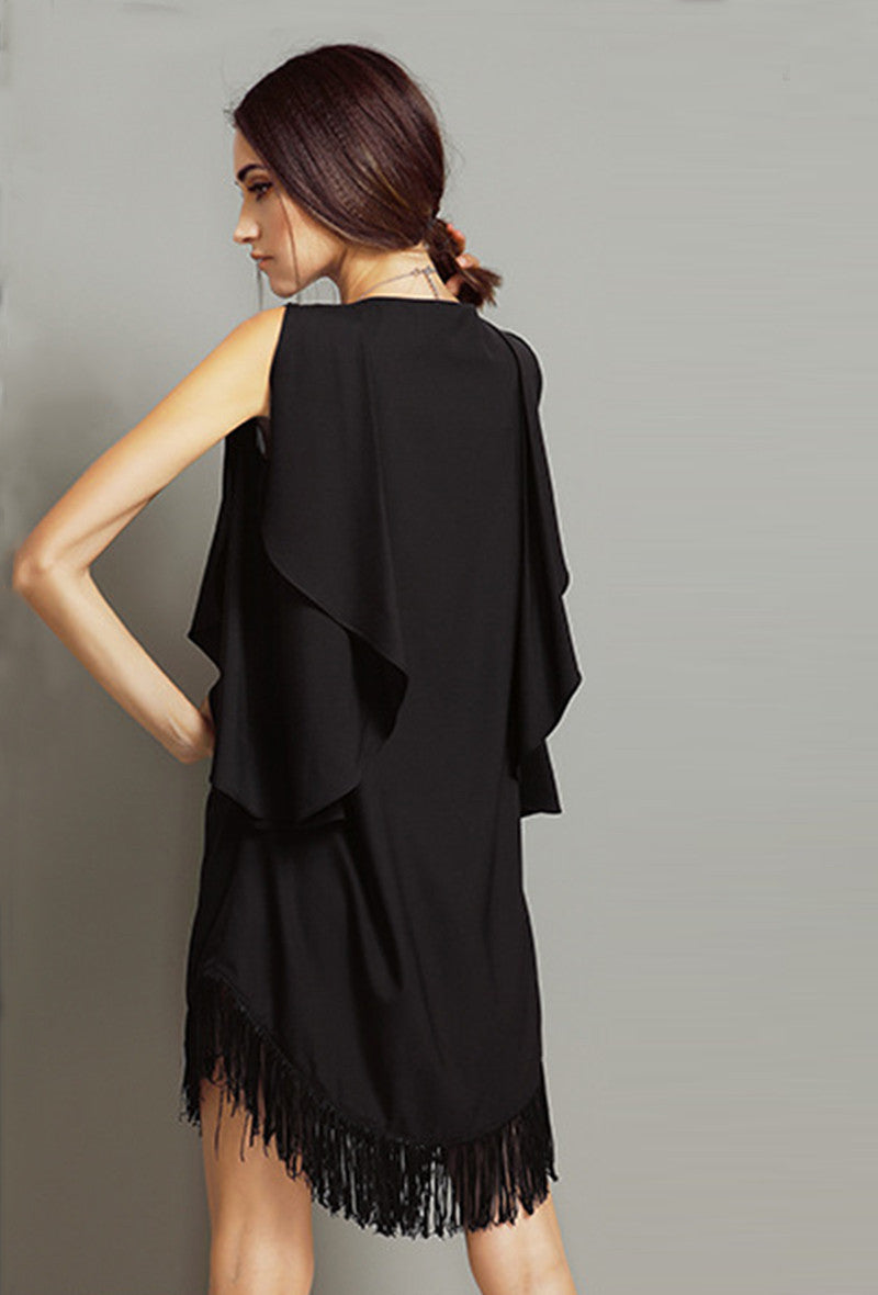 Scoop Neck Side Layer Irregular Bottom With Fringe Short Dress
