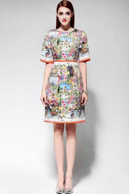Multi Printing Round Neck Casual Short Dress