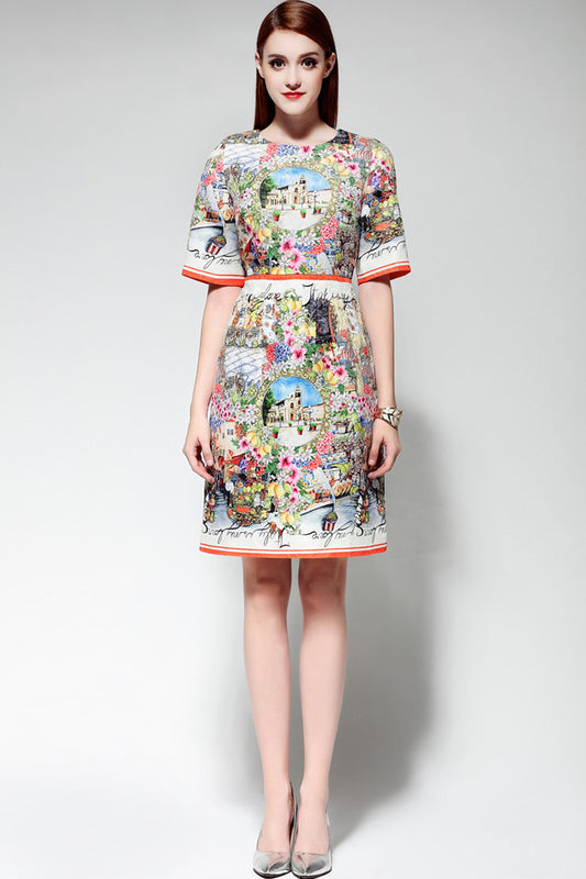 Multi Printing Round Neck Casual Short Dress