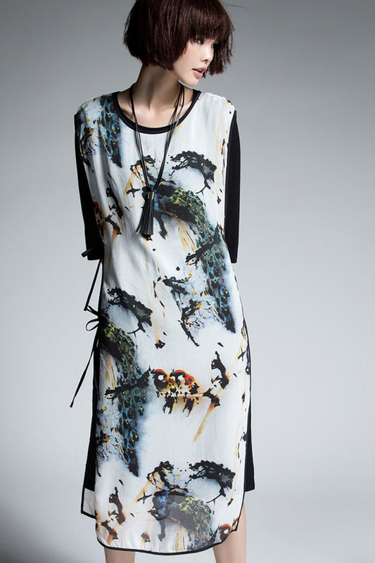 1/2 Sleeve Solid Dress With Landscape Printing Spaghetti Outer Layer Dress