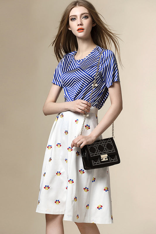 Special Cutting Stripe Tops With Little Floral Emboridered Skirt