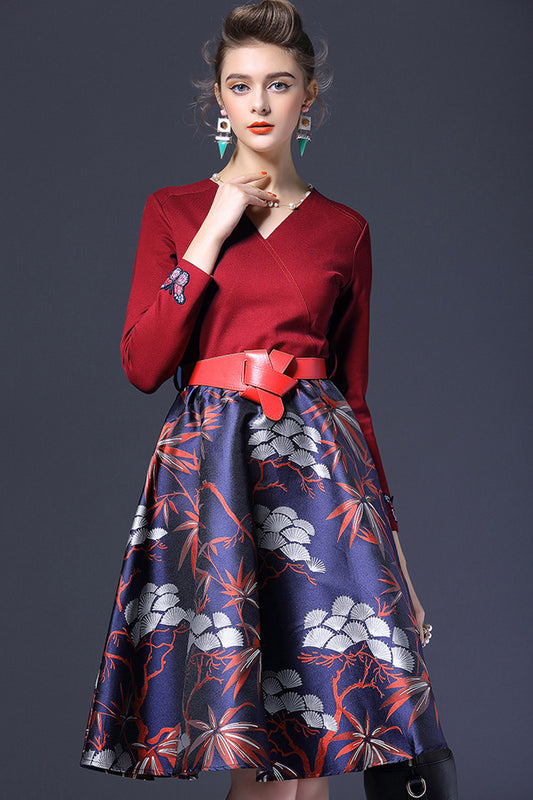 V-Neck Slim-and-Flared Dress With Butterfly Embroidered On Sleeve