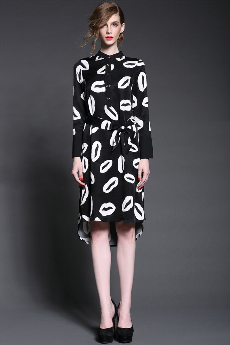 Women's Casual Printing Graffiti Dress Long Sleeve Mandarin Collar Dress - NJOYDRESS - 1
