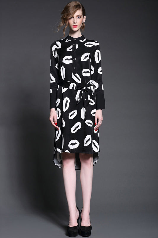 Women's Casual Printing Graffiti Dress Long Sleeve Mandarin Collar Dress - NJOYDRESS - 1