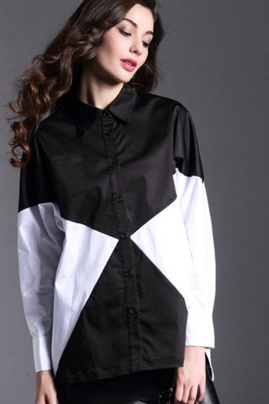Lapel Neck Button Down Black And White Color Block Loose Blouse