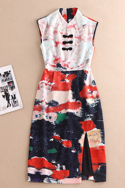 VINTAGE SLIM PRINTING SLEEVE WATERCOLOUR STAND COLLAR DRESS