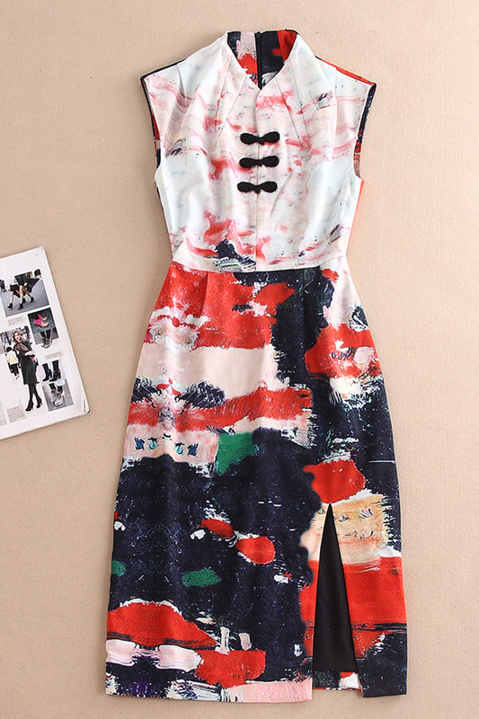 VINTAGE SLIM PRINTING SLEEVE WATERCOLOUR STAND COLLAR DRESS