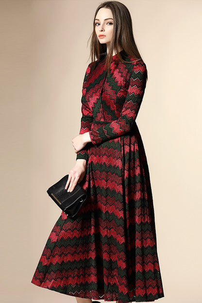 Round Collar Geometry Pattern Lace Patch Vintage Ankle  Chiffon Dress - NJOYDRESS - 4