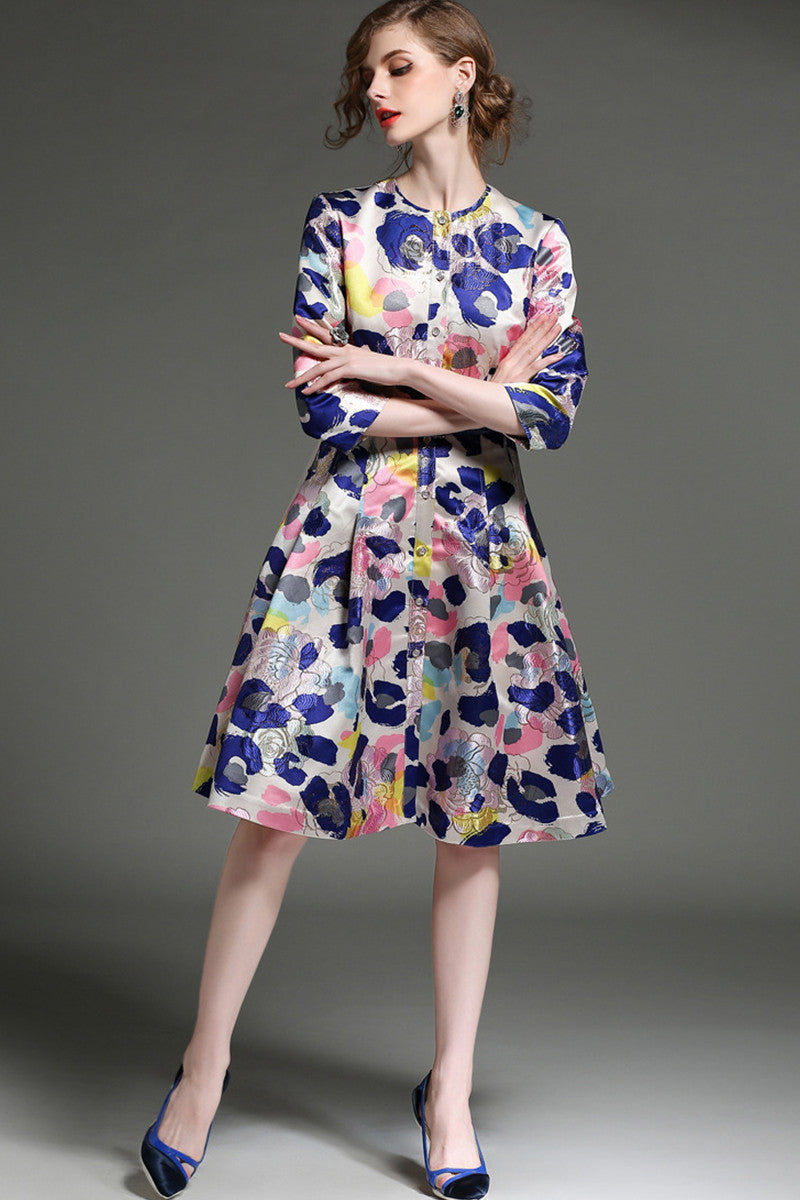 women's casual a-line round neck 3/4 sleeve flower printing midi dress