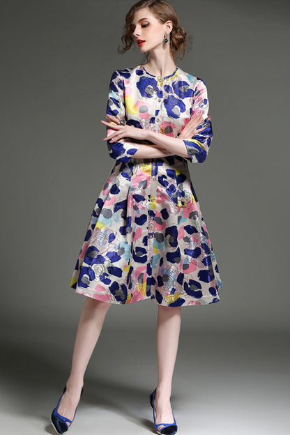 women's casual a-line round neck 3/4 sleeve flower printing midi dress