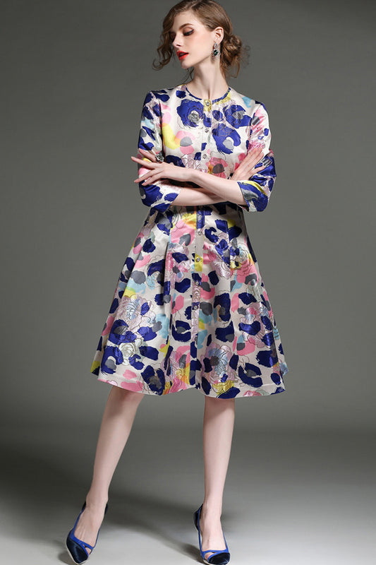 women's casual a-line round neck 3/4 sleeve flower printing midi dress