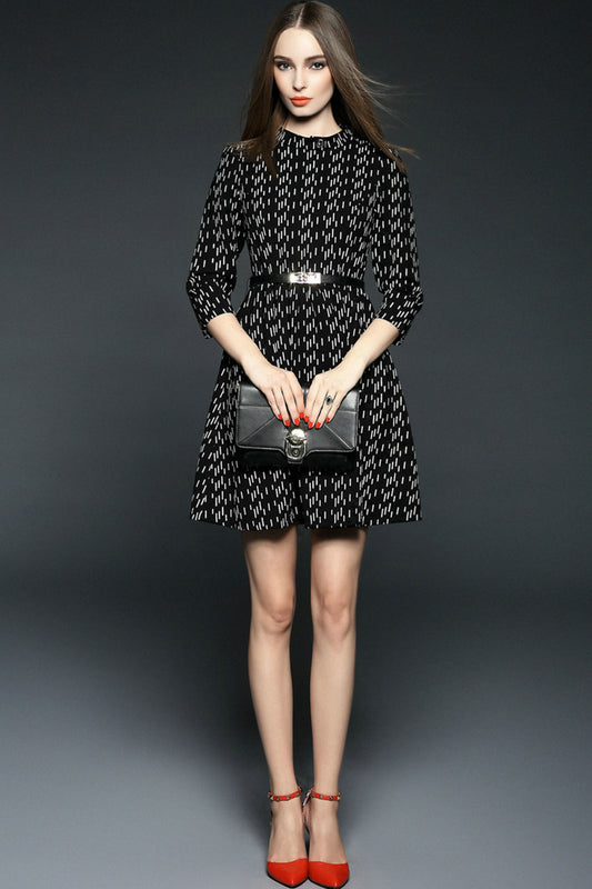 WOMEN'S ELEGANT VINTAGE 3/4 SLEEVE ROUND NECK SHORT DRESS WITH BELT