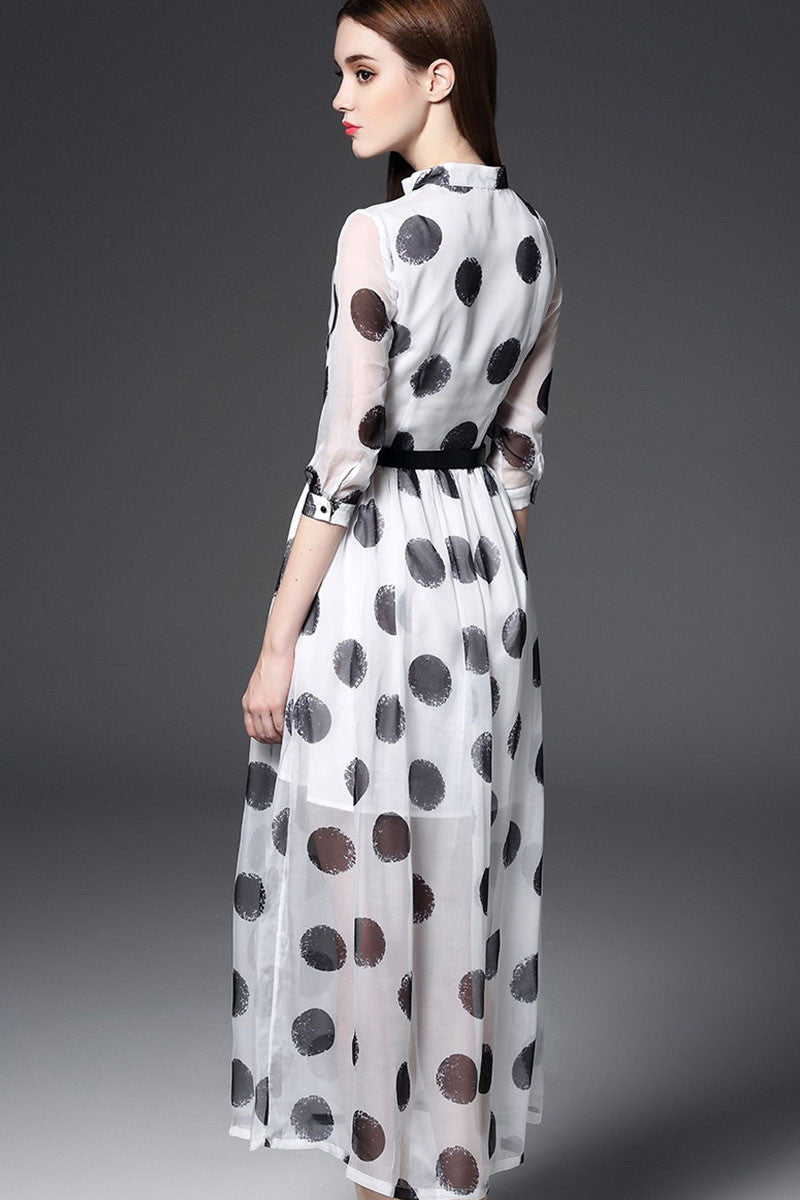 Stand Collar Dots Print Flare Chiffon Maxi Dress