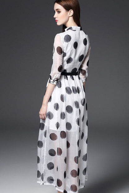 Stand Collar Dots Print Flare Chiffon Maxi Dress