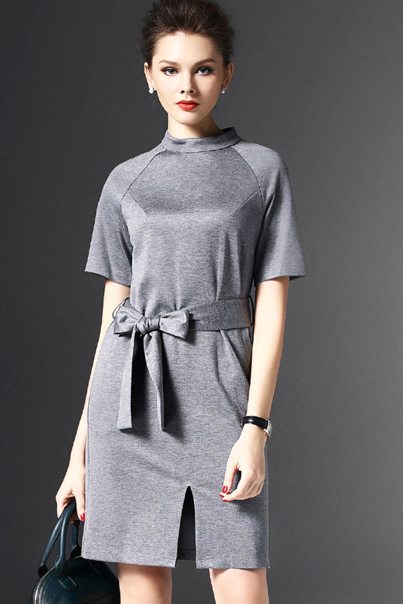 Stand Collar Front Slit Mini  Slim Dress With Belt - NJOYDRESS - 1