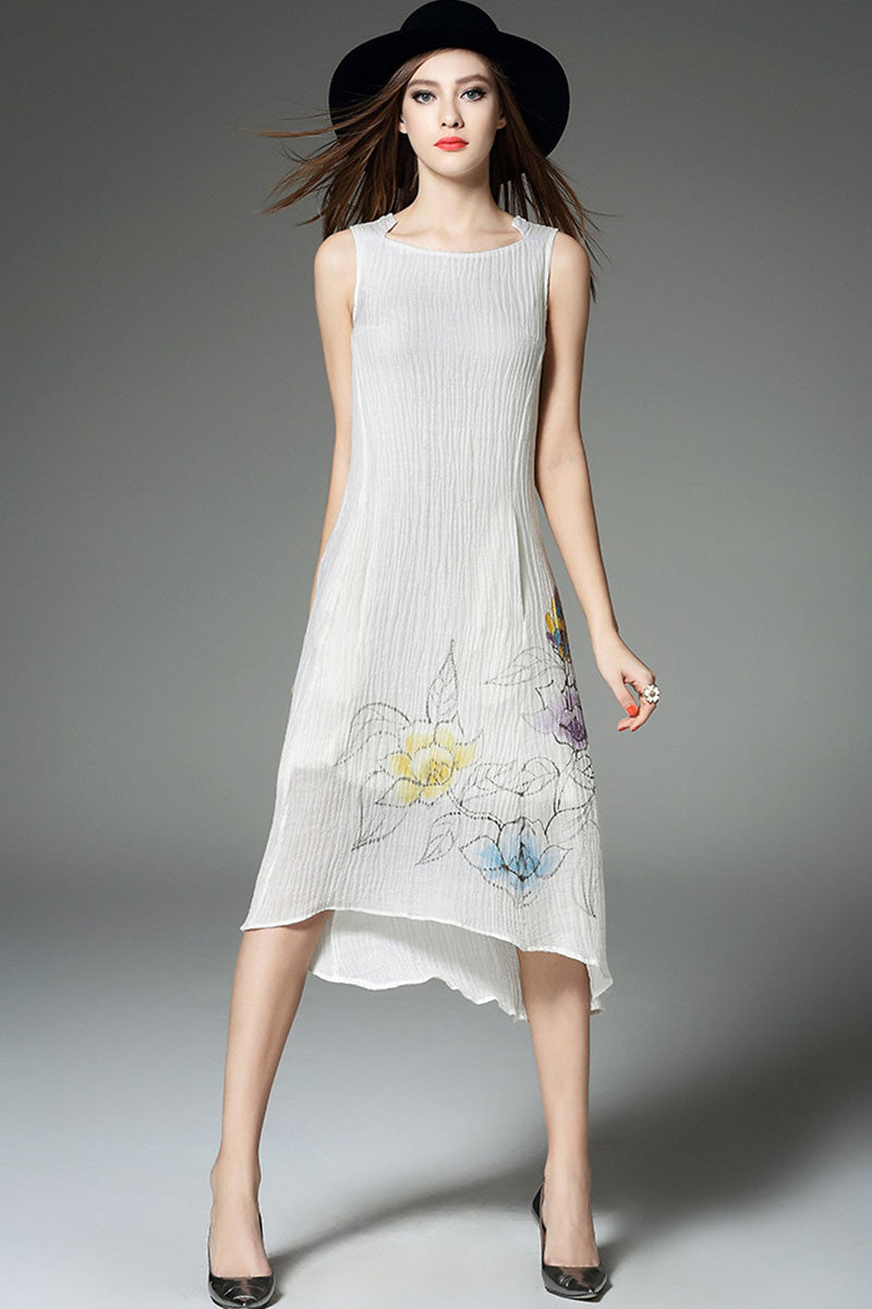 Round Collar Painting Front Short  Back Long Irregular Dress