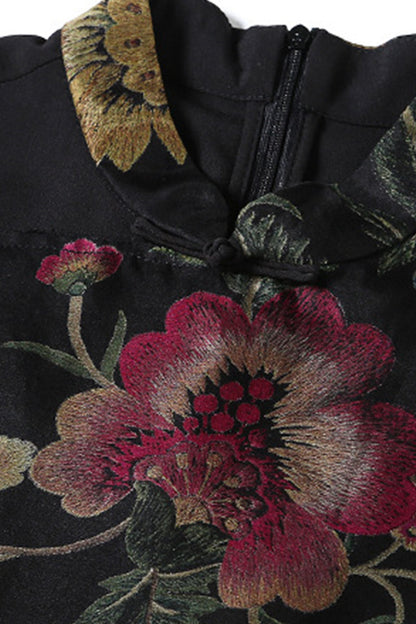 Floral Printed  Layer Black Cocktail Cheongsam