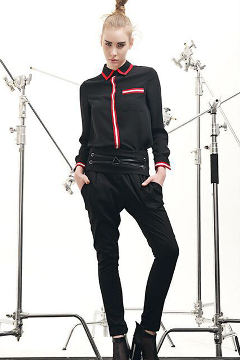 Lapel Neck Stripe Patch Blouse Shirt Top