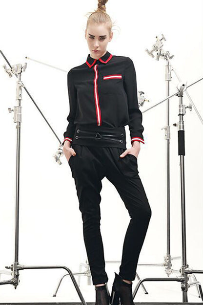 Lapel Neck Stripe Patch Blouse Shirt Top