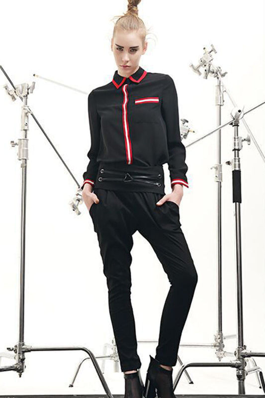 Lapel Neck Stripe Patch Blouse Shirt Top