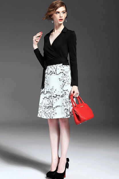 Deep-V Top Joint Plant Pattern Dress