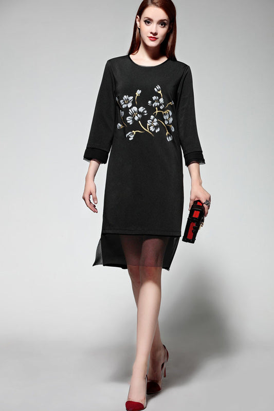 Round Collar Flowers Print Side Slit Mesh Patch Stretch Dress