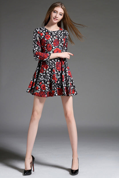 3/4 Sleeve Rose Floral Flared Dress