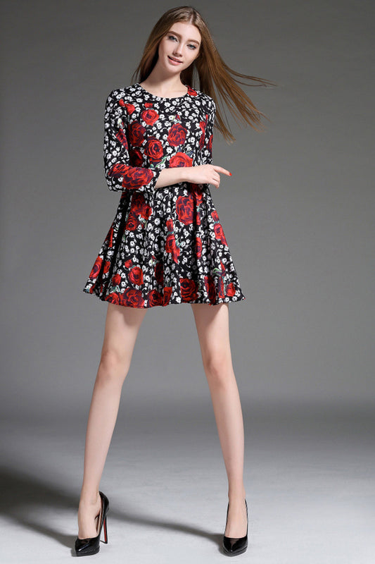 3/4 Sleeve Rose Floral Flared Dress