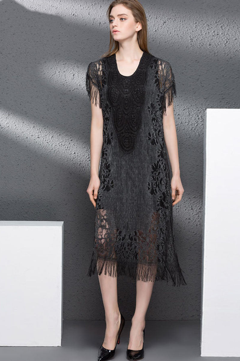 Slim Sleeveless Lace Tassel Hollow Out A-line Side Slit Dress