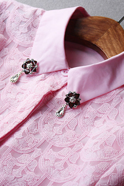 Lapel Neck Lace Patch Shirt And  Wrap Skirt