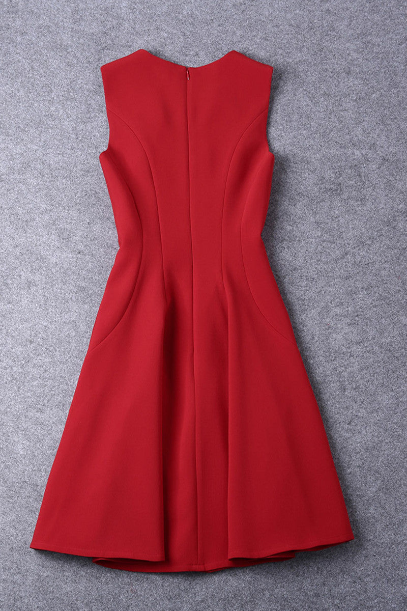 Round Collar Sleeveless Flare Dress With Brooch - NJOYDRESS - 3
