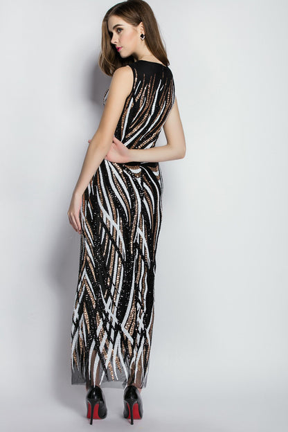 Multi Color Sequin Illusion Sleeveless Cocktail Dress