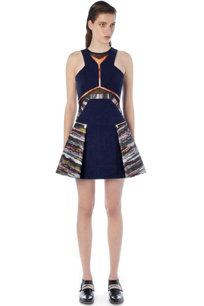 Round Neck Off Shoulder Color Block Club Dress