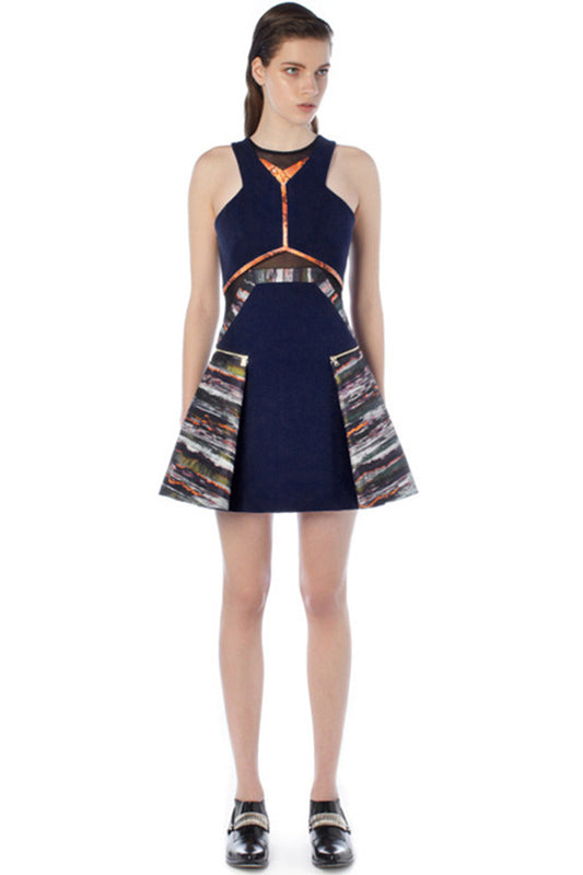 Round Neck Off Shoulder Color Block Club Dress